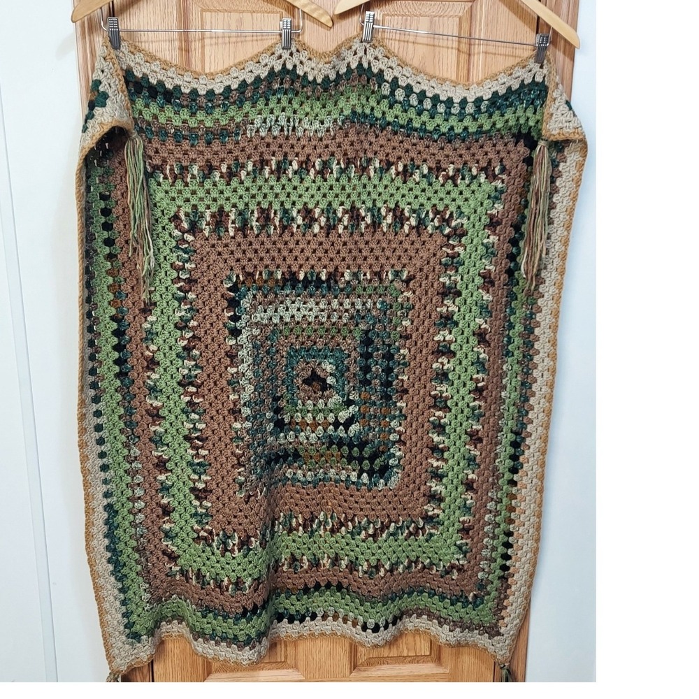 Vintage Handmade Crochet Granny Square Throw Blanket 47"x47" Earth Tones Green